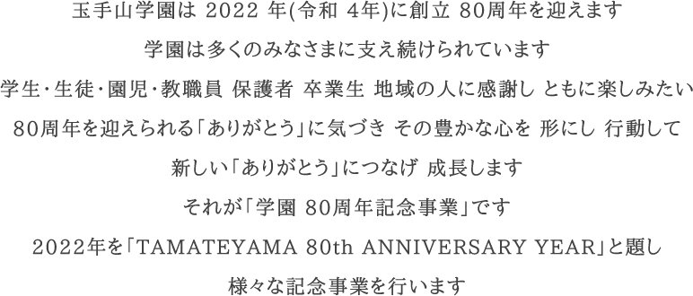 玉手山学園は 2022 年(令和 4年)に創立 80周年を迎えます 学園は多くのみなさまに支え続けられています 学生・生徒・園児・教職員 保護者 卒業生 地域の人に感謝し ともに楽しみたい80周年を迎えられる「ありがとう」に気づき その豊かな心を 形にし 行動して新しい「ありがとう」につなげ 成長します それが「学園 80周年記念事業」です 2022年を「TAMATEYAMA 80th ANNIVERSARY YEAR」と題し 様々な記念事業を行います